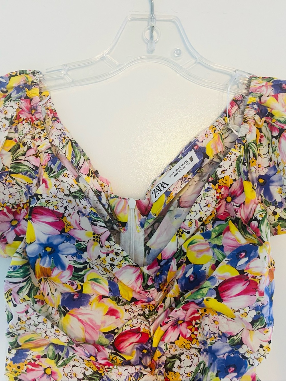 Zara Yellow Pink Purple Floral Ruched Mini Dress - Picture 2 of 5
